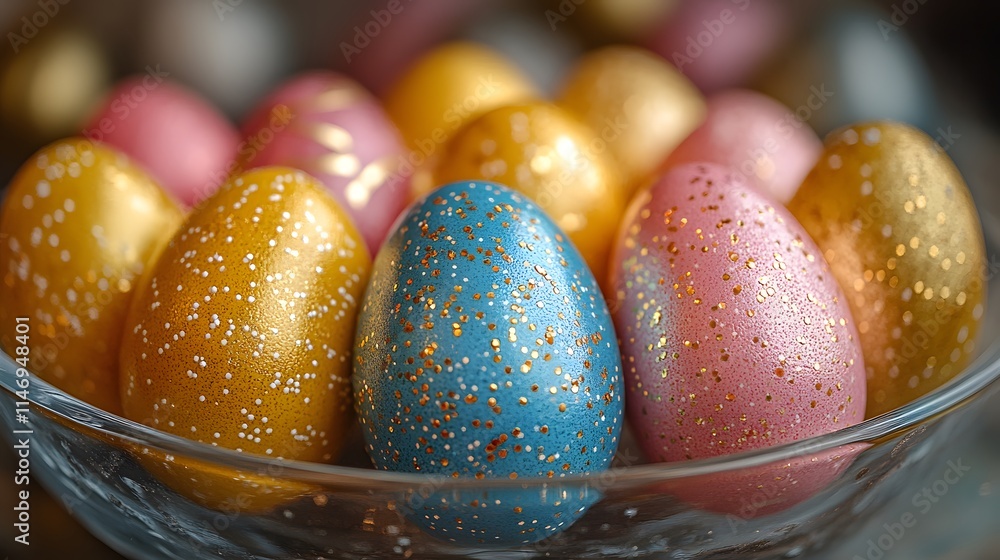 Fototapeta premium Abstract modern designs on Easter eggs in a glass bowl.