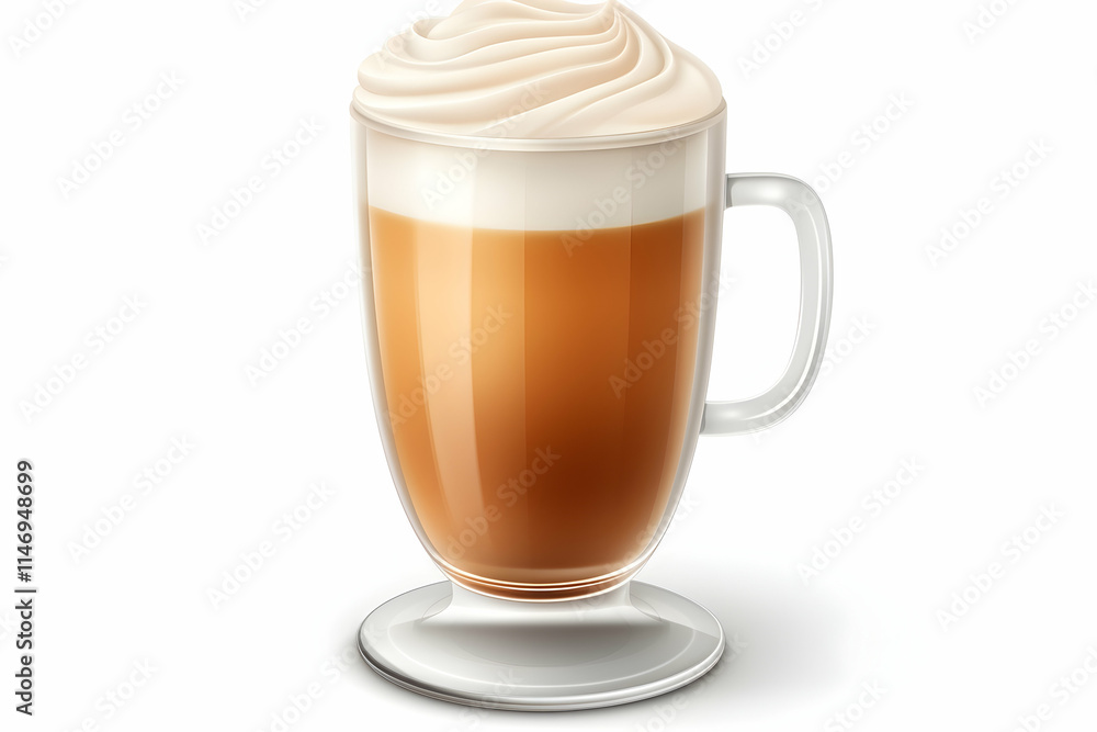 A frothy coffee drink in a clear glass with a decorative whipped cream topping. A frothy coffee drink in a clear glass with a decorative whipped cream topping.