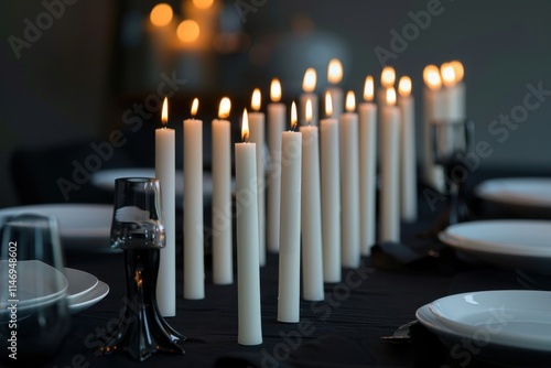 Elegant dining setup with lit candles creating a warm atmosphere for an intimate gathering in the evening photo