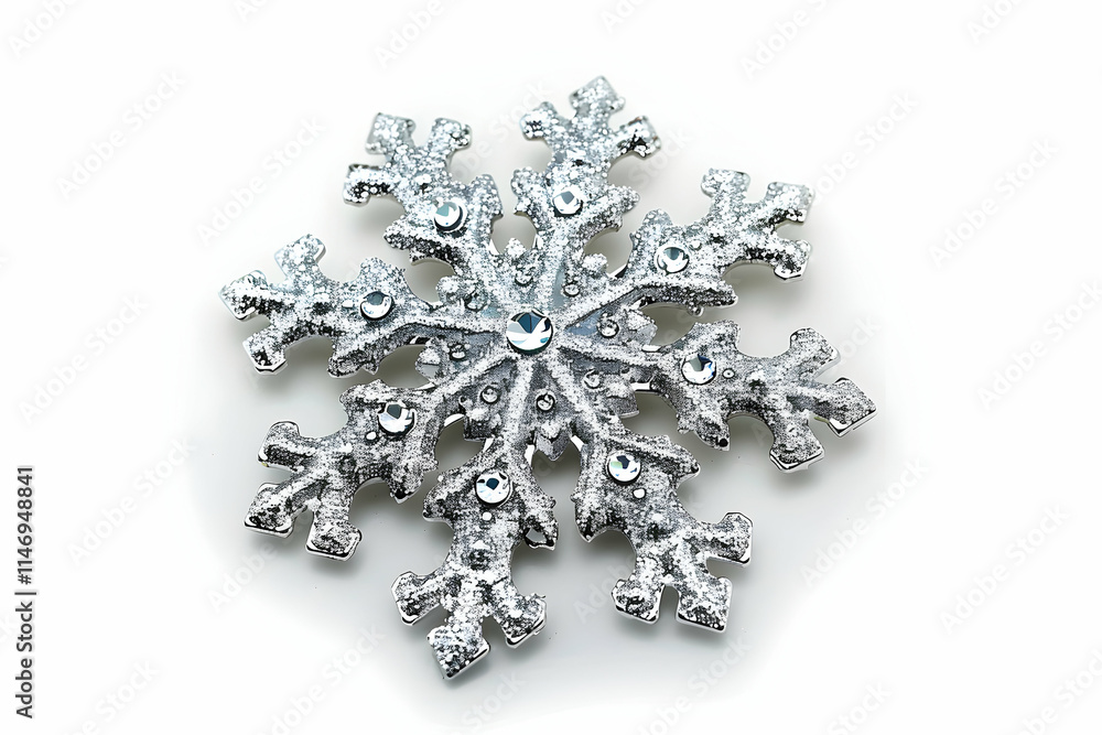 A glittery silver snowflake ornament with intricate designs and a central gemstone. A glittery silver snowflake ornament with intricate designs and a central gemstone.