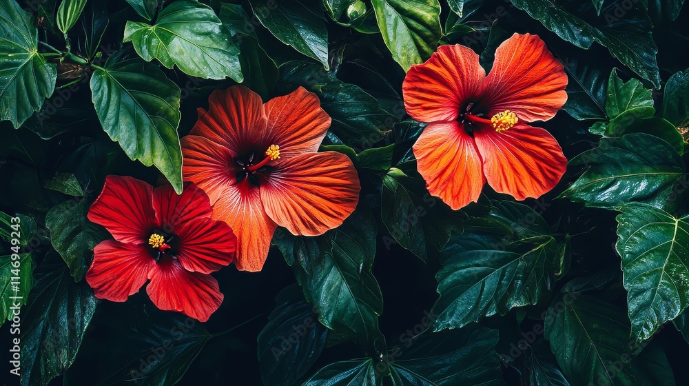 Obraz premium Scarlet hibiscus flowers against a tropical green foliage, close-up shot, Minimalist style