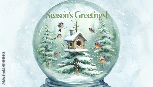 A delightful New Year greeting card showcasing a charming birdhouse on a tall, snow-laden pine tree. Colorful birds like chickadees and robins flutter around in a peaceful winter forest setting