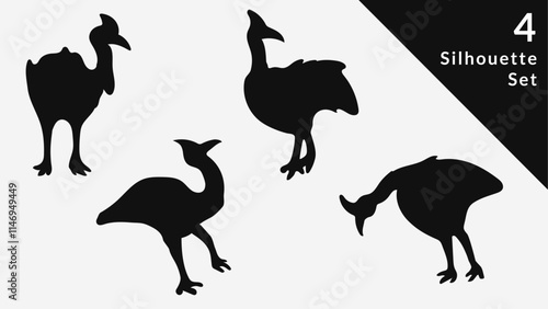 Hand Drawn Cassowary Silhouette Set in Various Poses. Isolated Vector Illustration.