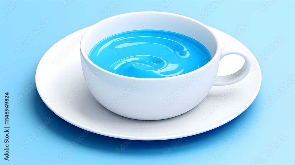 A vibrant blue liquid in a white cup on a plate against a light blue background. A vibrant blue liquid in a white cup on a plate against a light blue background.