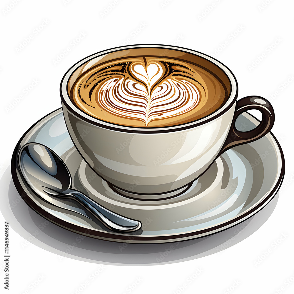 A beautifully crafted latte with intricate foam art in a white cup and saucer. A beautifully crafted latte with intricate foam art in a white cup and saucer.
