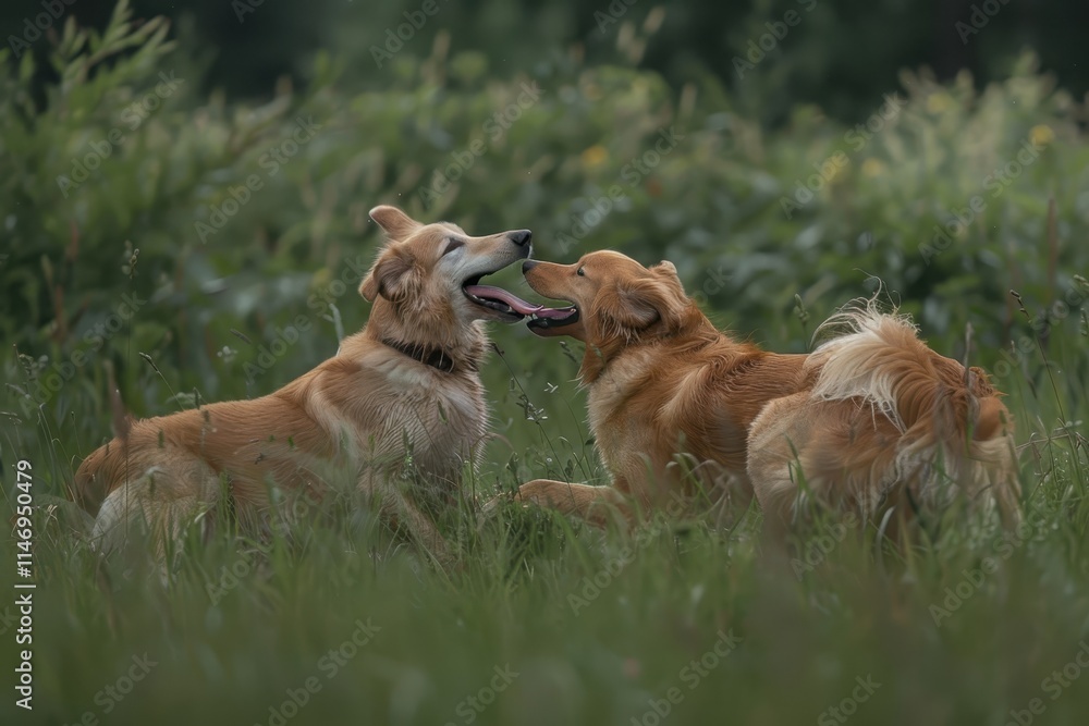 Two joyful dogs playing in a sunlit grassy field, enjoying a beautiful day outdoors with vibrant greenery surrounding them Two joyful dogs playing in a sunlit grassy field, enjoying a beautiful day outdoors with vibrant greenery surrounding them