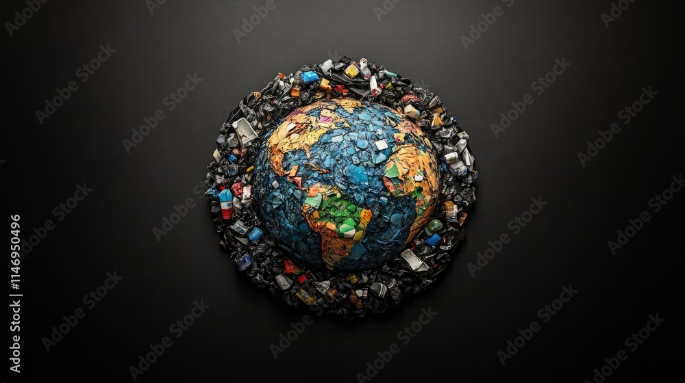 Planet Earth stylized as a pile of garbage on a dark background, symbolizing humanity's ecological footprint. Planet Earth stylized as a pile of garbage on a dark background, symbolizing humanity's ecological footprint.