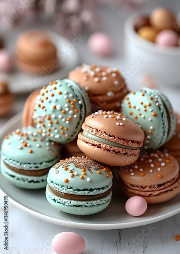 Colorful macarons with Easter designs on a white plate.