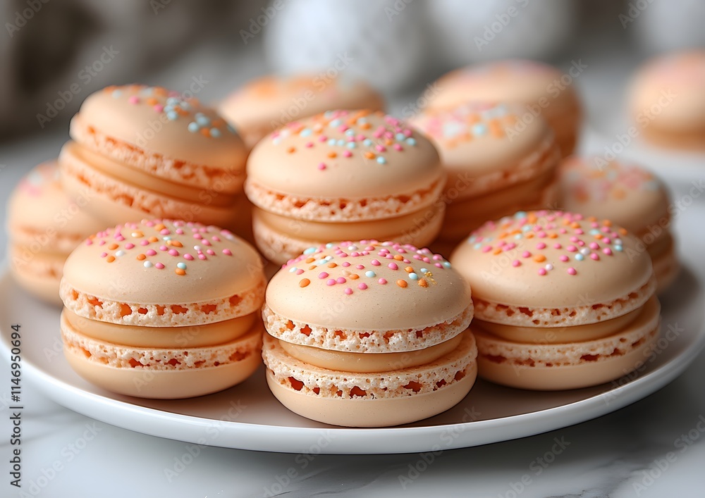 Colorful macarons with Easter designs on a white plate. Colorful macarons with Easter designs on a white plate.