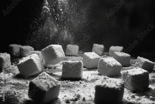 Sugar cubes scattered on dark surface with powdered sugar falling from above photo