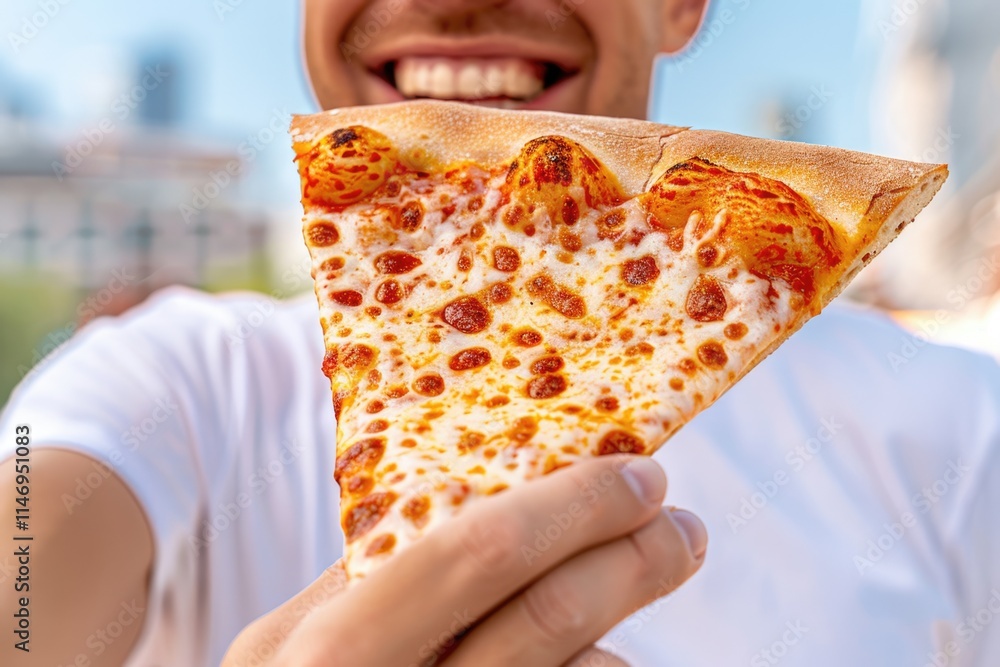 Enjoying a delicious pizza slice from a food truck outdoors Enjoying a delicious pizza slice from a food truck outdoors