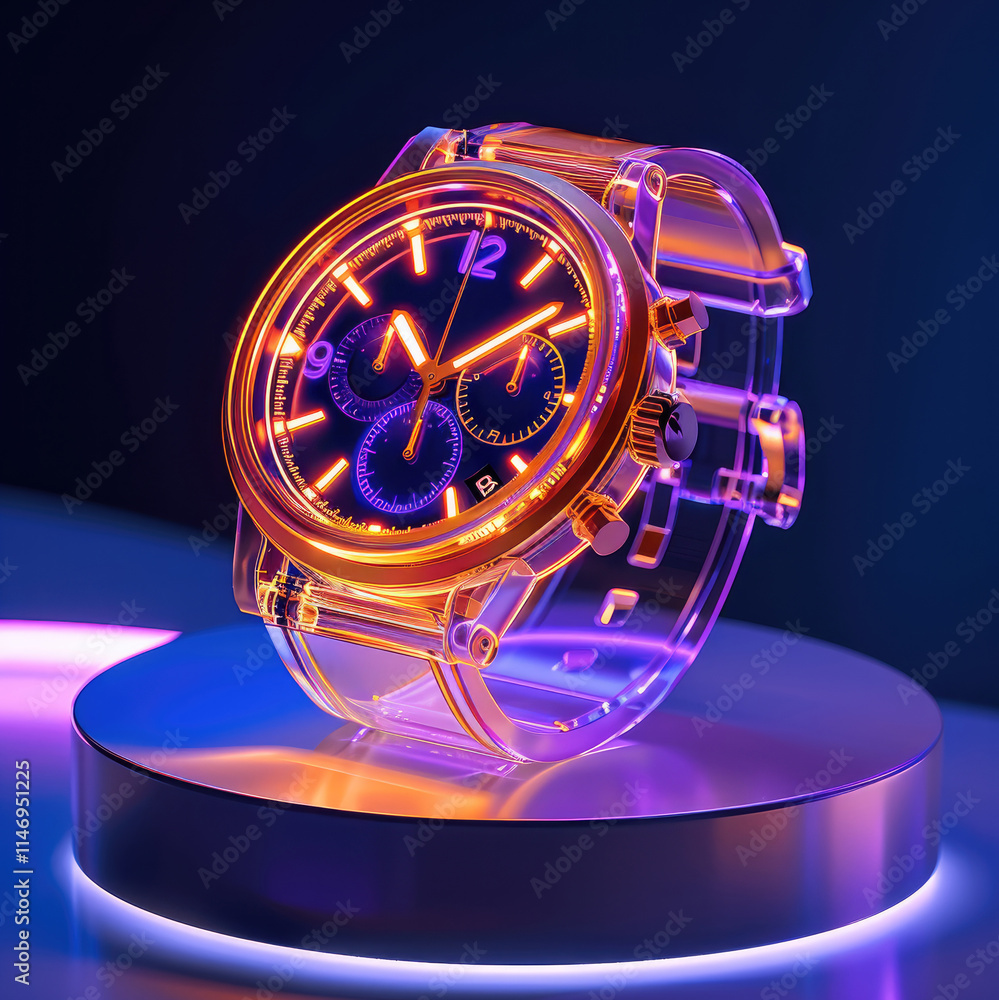 A orange and violet gradient neon glowing luxury wrist watch placed on podium. A orange and violet gradient neon glowing luxury wrist watch placed on podium.