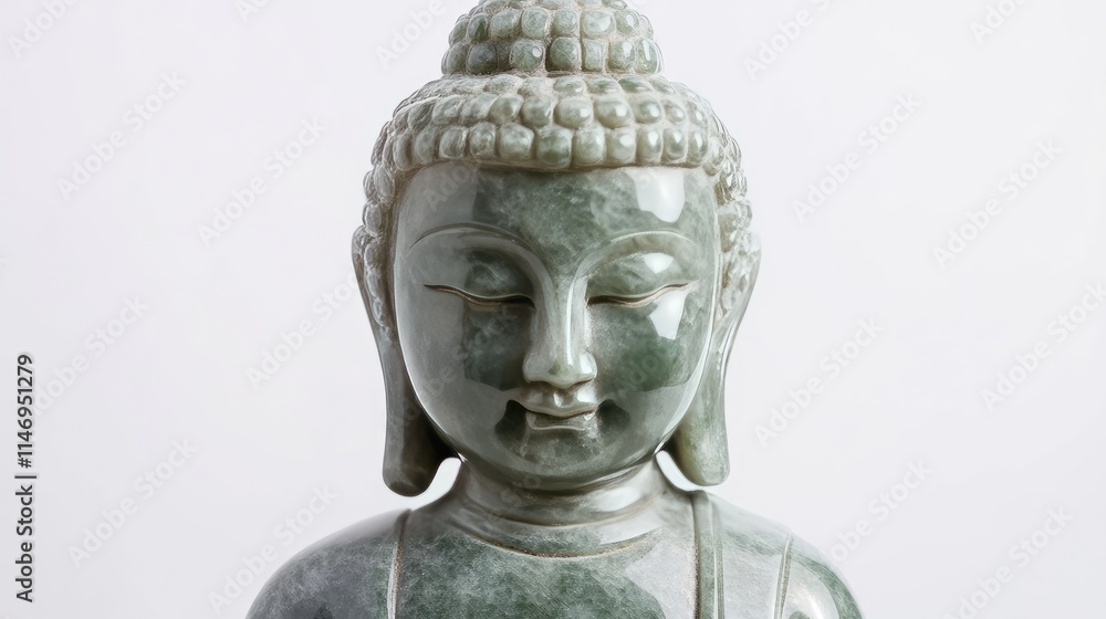 Serene jade Buddha statue carved in green stone, standing gracefully against a pure white background. Serene jade Buddha statue carved in green stone, standing gracefully against a pure white background.