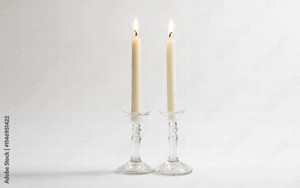 A set of two white taper candles in elegant holders, casting a cozy and festive glow on a clear white background A set of two white taper candles in elegant holders, casting a cozy and festive glow on a clear white background