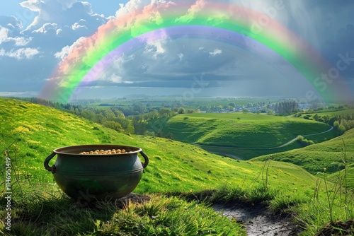 Majestic landscape featuring a vibrant rainbow arching over a lush path and a leafy tree under a bright sky
