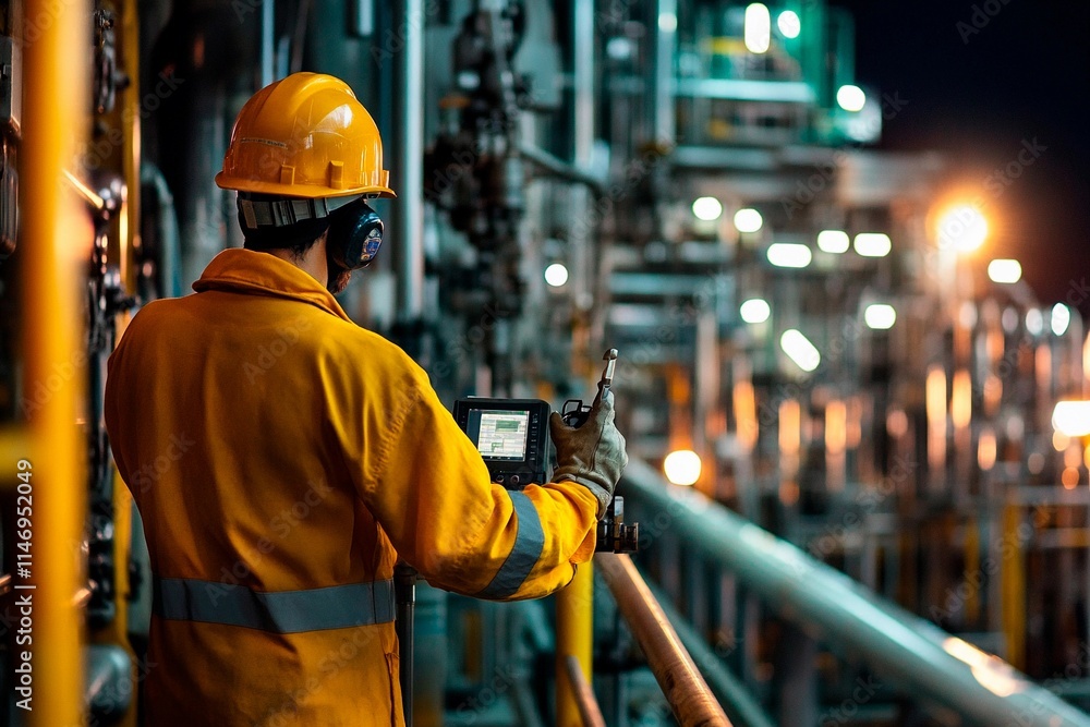 Worker monitors equipment at a bustling industrial facility during nighttime operations Worker monitors equipment at a bustling industrial facility during nighttime operations