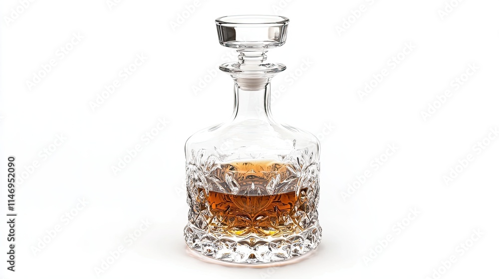 Stylish crystal whiskey decanter featuring ornate details and a sleek stopper, isolated on a white backdrop for versatility. Stylish crystal whiskey decanter featuring ornate details and a sleek stopper, isolated on a white backdrop for versatility.