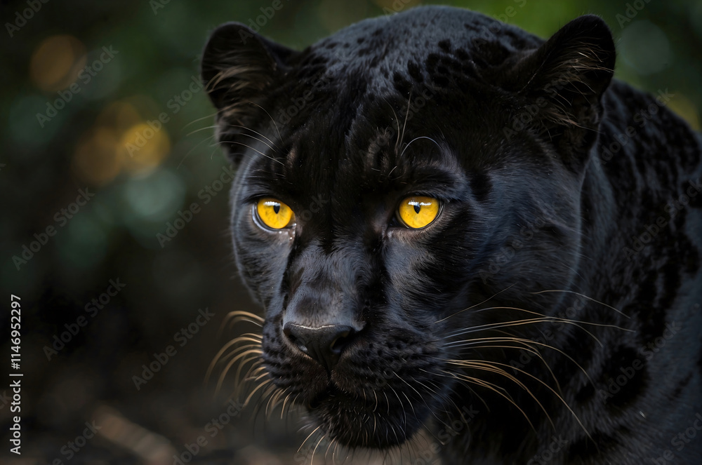 Portrait of a black panther in the forest.A panther with yellow eyes. Portrait of a black panther in the forest.A panther with yellow eyes.