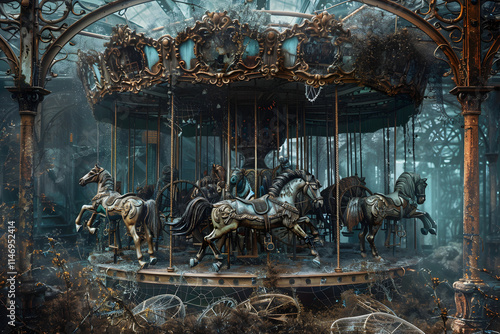 Haunted Vintage Carousel with Detailed Horses in a Foggy Abandoned Amusement Park