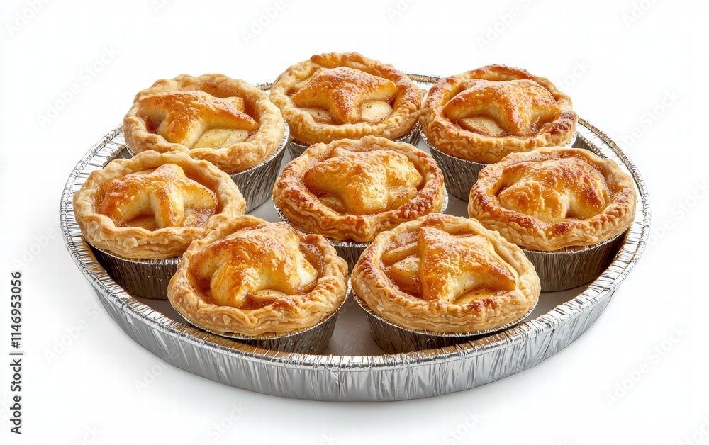 A tray of mini pies filled with spiced apple and cinnamon, isolated on a white background A tray of mini pies filled with spiced apple and cinnamon, isolated on a white background