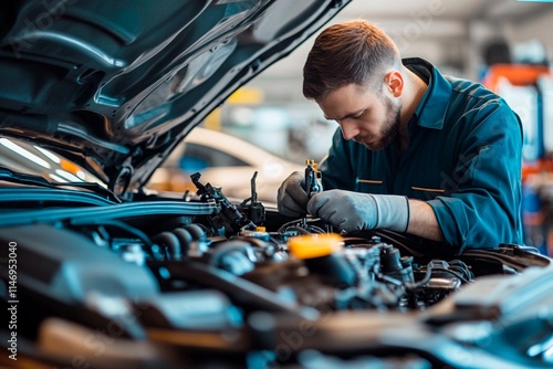 Skilled mechanic repairs engine in bustling auto shop filled with tools and vehicles