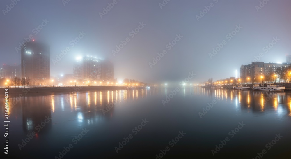 Foggy night view of modern cityscape reflecting in river with buildings and lights Foggy night view of modern cityscape reflecting in river with buildings and lights
