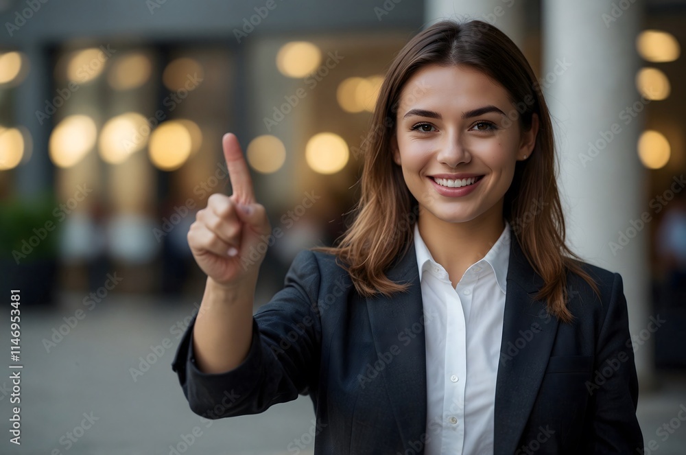 A confident young businesswoman smiles and points with her index finger, imitating tapping an icon on a smartphone or tablet while looking at the camera. Professional portrait. A confident young businesswoman smiles and points with her index finger, imitating tapping an icon on a smartphone or tablet while looking at the camera. Professional portrait.