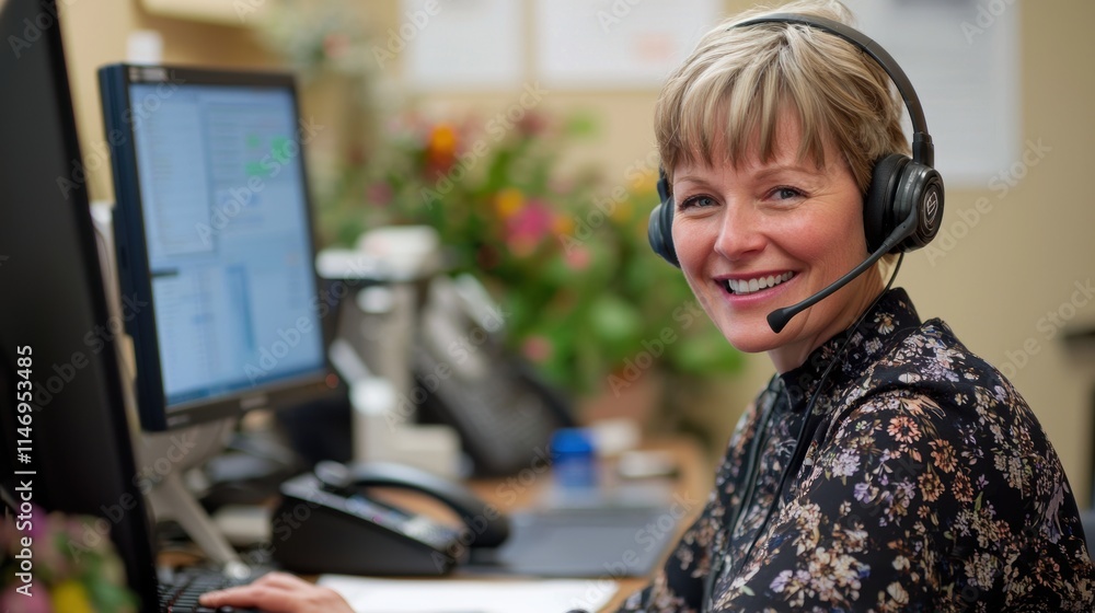Customer support representative with headset Customer support representative with headset