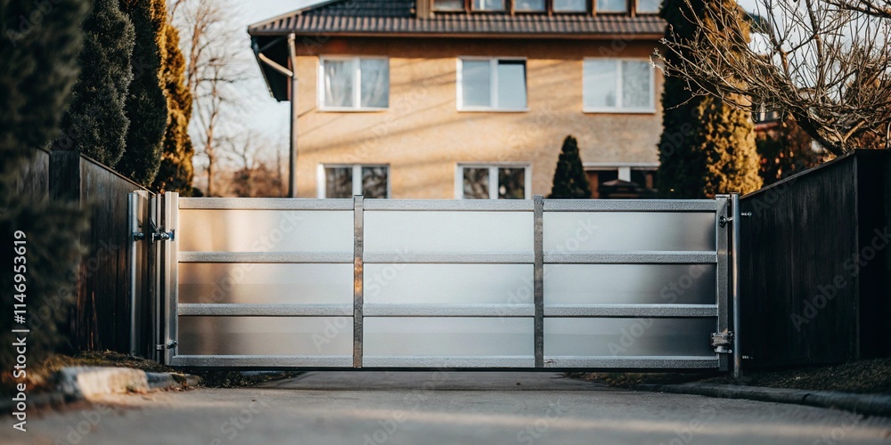 Automatic Sliding Gate and house automation door metal entrance of home residence garden or elegance building with wall, empty garage or industrial warehouse with black forged metal engine with motor Automatic Sliding Gate and house automation door metal entrance of home residence garden or elegance building with wall, empty garage or industrial warehouse with black forged metal engine with motor