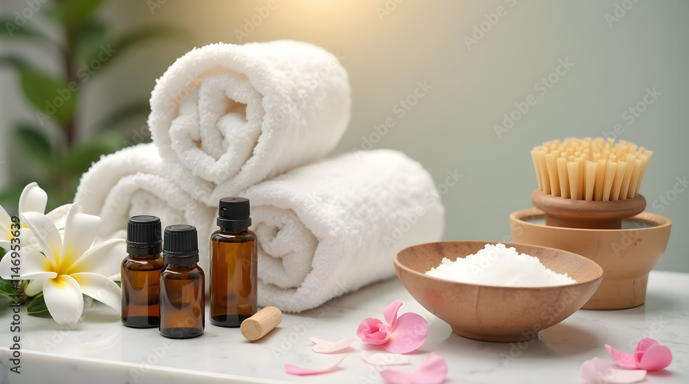 The serene image portrays a tranquil spa setting with candles, soft towels, and aromatic flowers, creating a calming atmosphere perfect for relaxation, self-care, and rejuvenation. The serene image portrays a tranquil spa setting with candles, soft towels, and aromatic flowers, creating a calming atmosphere perfect for relaxation, self-care, and rejuvenation.