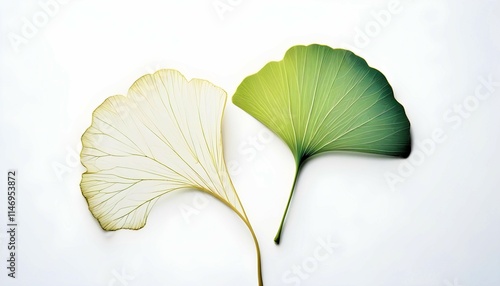 Ginkgo leaves white transparent and green on pure white background