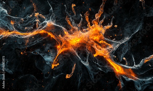 Firestorm of twisting flames, the explosion frozen mid-eruption, vibrant heat radiating intensity against deep blackness, abstract chaos, . photo