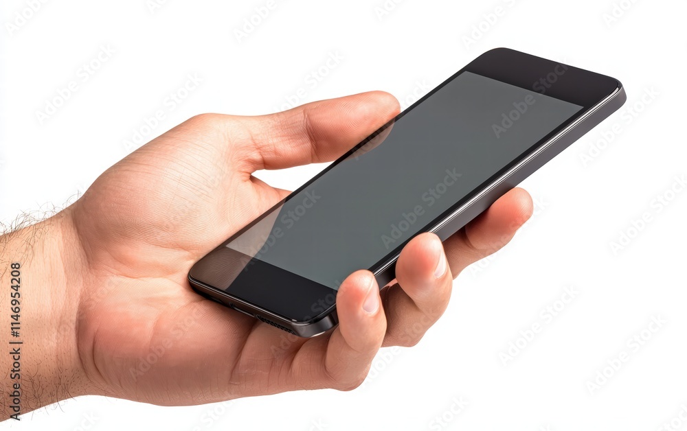 Hand holding mobile phone screen mock up, showing smartphone mockup, scrolling display, isolated on white background Hand holding mobile phone screen mock up, showing smartphone mockup, scrolling display, isolated on white background