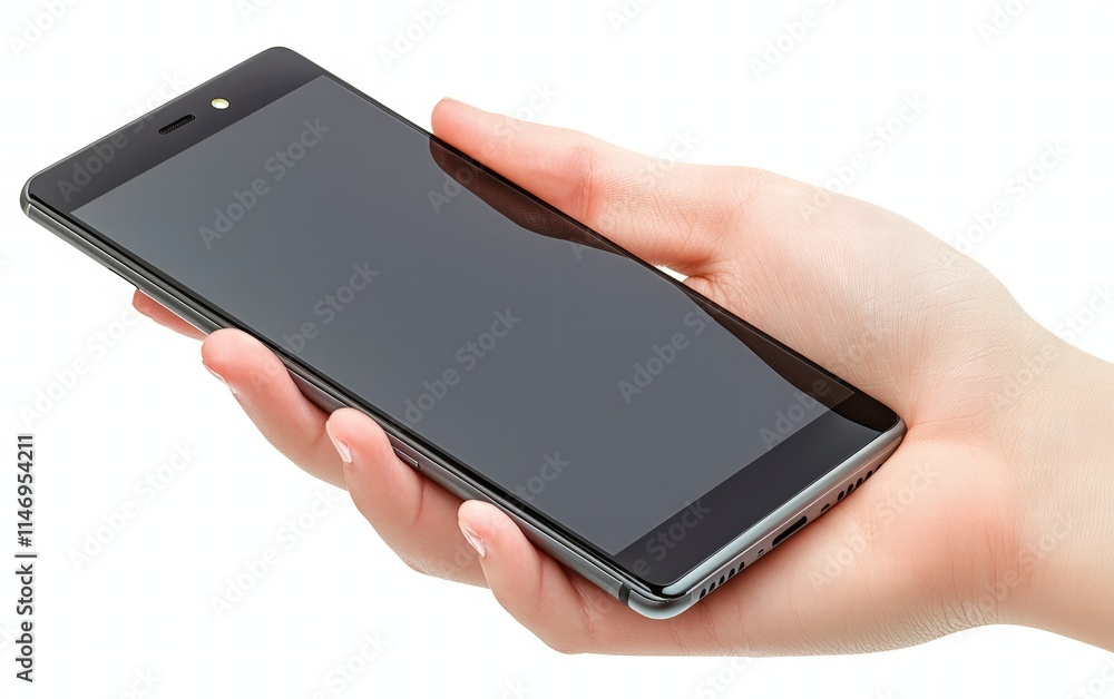 Hand holding mobile phone screen mock up, showing smartphone mockup, scrolling display, isolated on white background Hand holding mobile phone screen mock up, showing smartphone mockup, scrolling display, isolated on white background