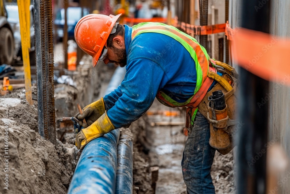 Skilled worker installs piping on a busy construction site in the heart of the city Skilled worker installs piping on a busy construction site in the heart of the city