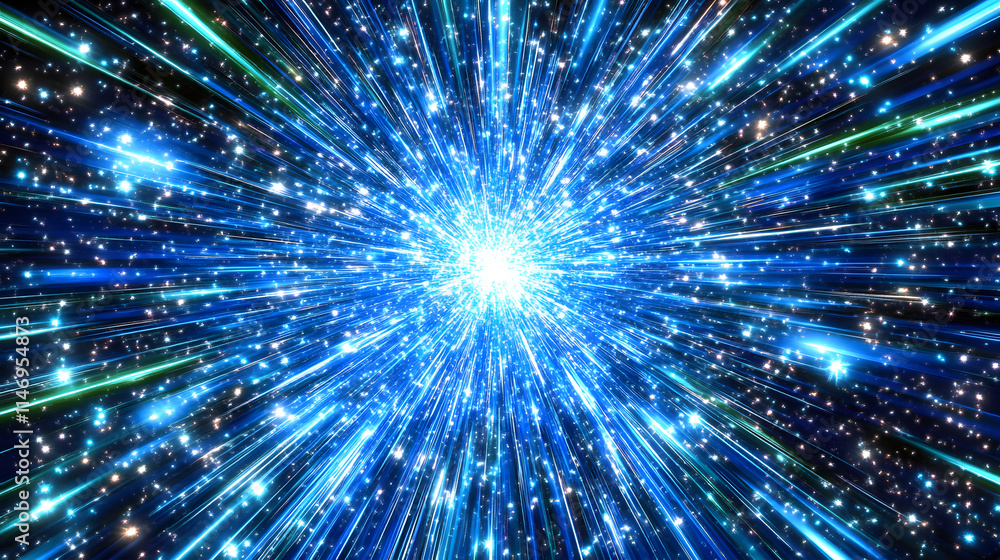 Abstract blue light rays burst from a central point, resembling a star explosion or cosmic energy. Abstract blue light rays burst from a central point, resembling a star explosion or cosmic energy.