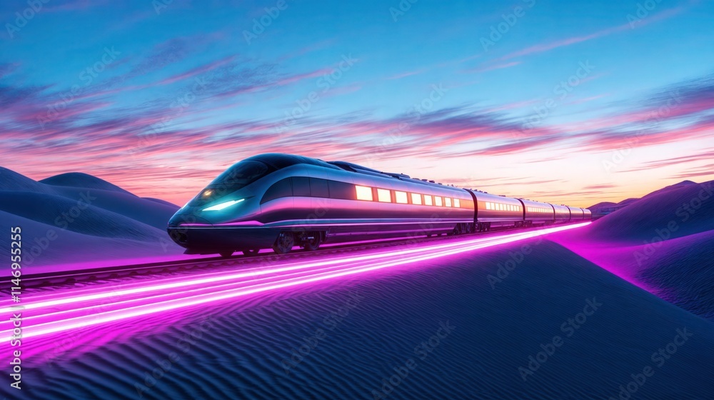 High-speed futuristic train with glowing neon lights traveling through a surreal desert landscape at sunset