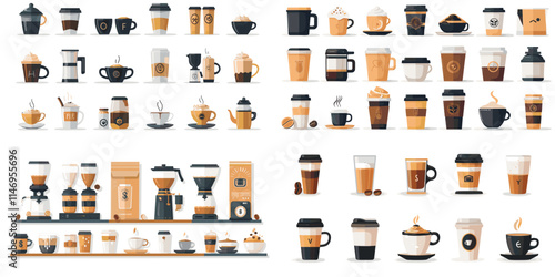 vector illustrations of coffee cups, mugs, and brewing equipment for coffee-themed wallpapers and menu designs