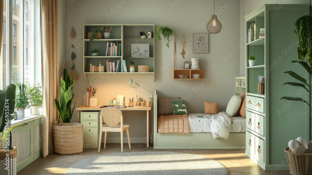 3d illustration of kids room design with desk, bookcase, bed, chest of drawers, beige light green pastel colors 3d illustration of kids room design with desk, bookcase, bed, chest of drawers, beige light green pastel colors