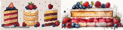 Artistic illustrations of chocolate and fruit-layered cakes with vibrant details
