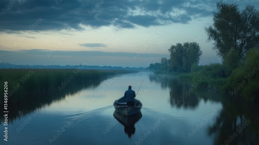Solitary fisherman in a small boat on a calm river at dawn. Solitary fisherman in a small boat on a calm river at dawn.