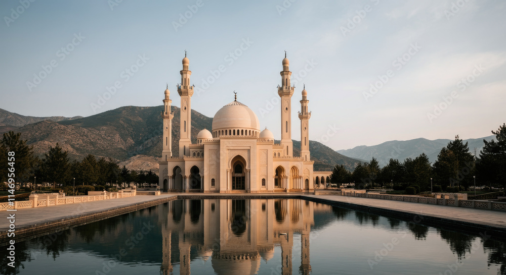Obraz premium Majestic white mosque with minarets reflected in tranquil pool, mountains background, serene atmosphere
