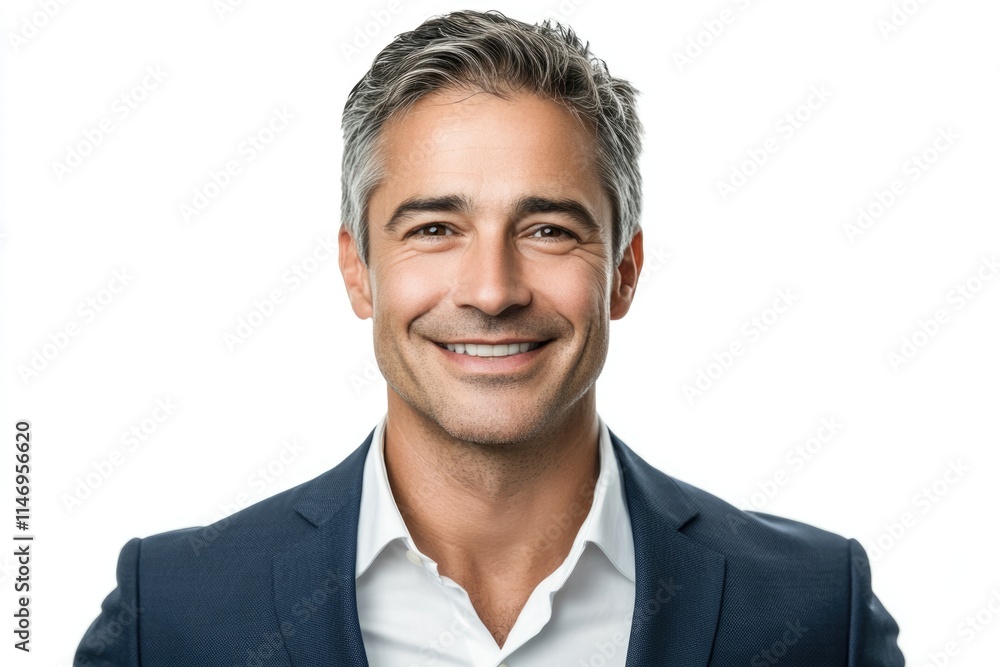Happy smiling businessman looking at camera with satisfaction isolated on white background Happy smiling businessman looking at camera with satisfaction isolated on white background