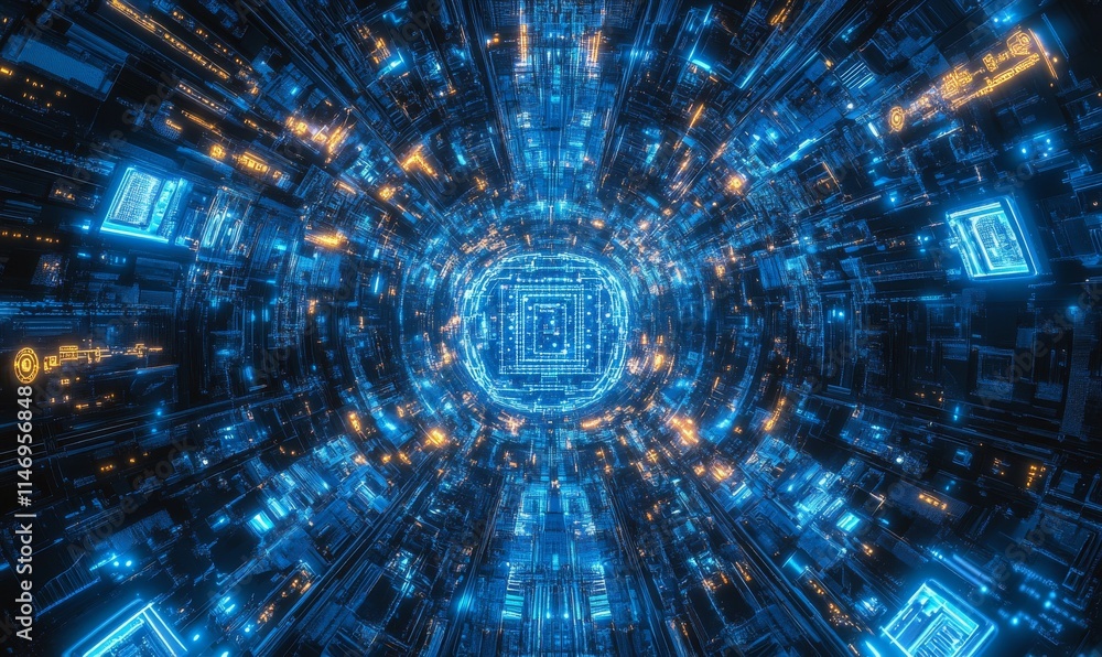 Fototapeta premium Neural Network. Intelligent Smart Grid and AI Concept. Blue Tech Background.