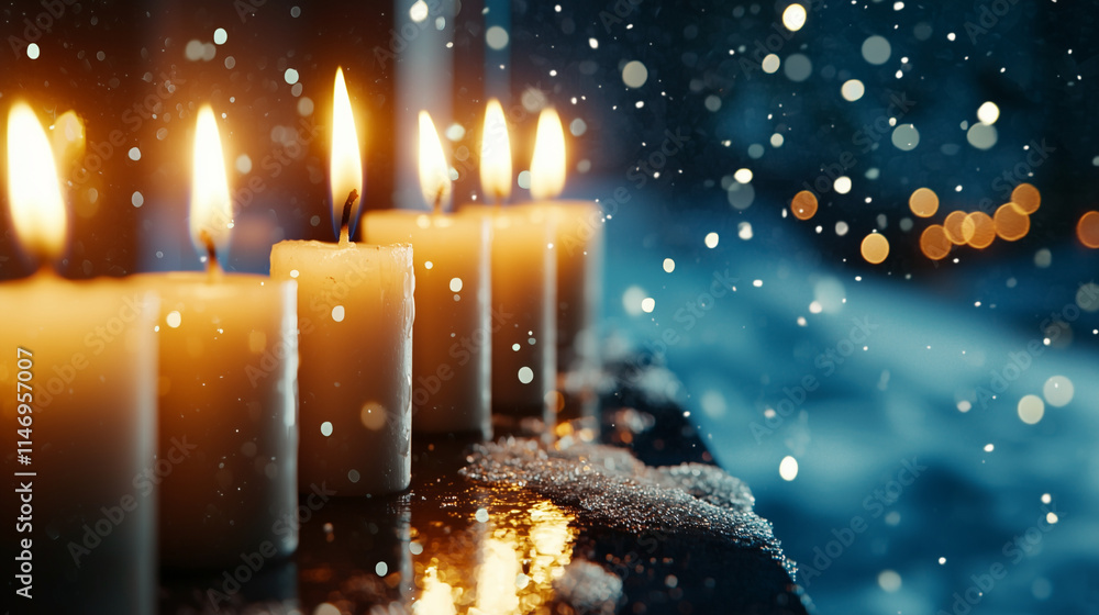 Glowing Menorah by Window with Snowy Night Reflection Glowing Menorah by Window with Snowy Night Reflection