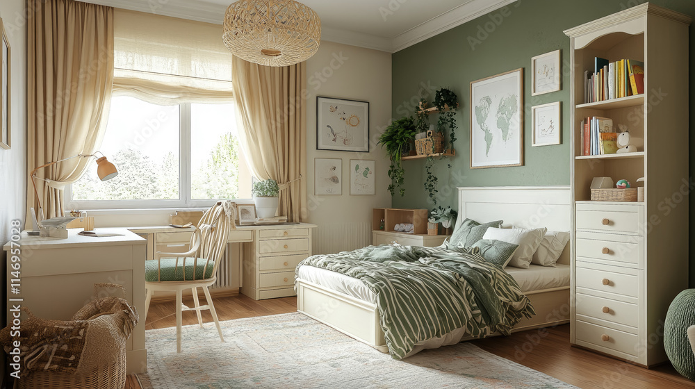 Obraz premium 3d illustration of kids room design with desk, bookcase, bed, chest of drawers, beige light green pastel colors