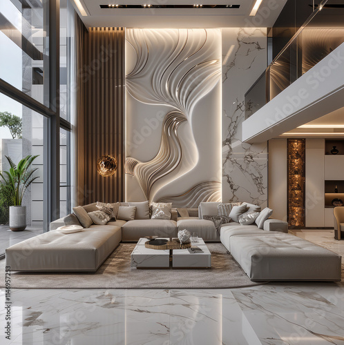 Opulent double height living area with L sofa, 3d CNC design wall panel, flooring inlay in marble, luxurious modern interiors.