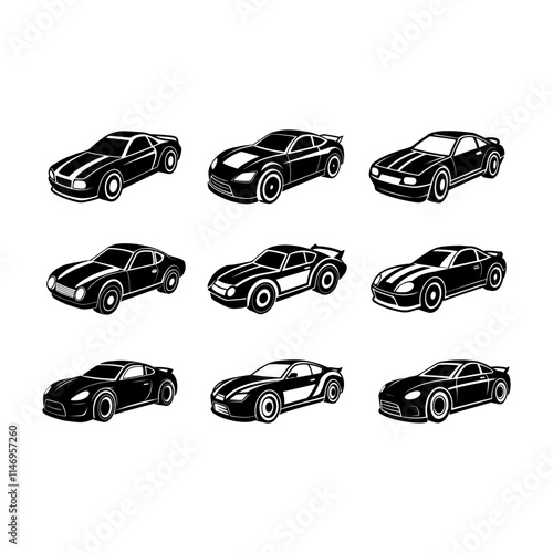 set of racing car silhouette, black and white silhouette, vector and illustration