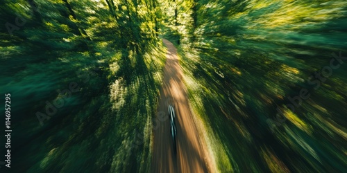 A blurry image of a forest road with a person riding a bike. The road is surrounded by trees and the person is in the middle of the road photo