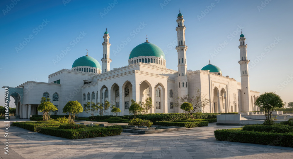 Obraz premium Stunning white mosque with green domes and minarets surrounded by gardens pathways on sunny day
